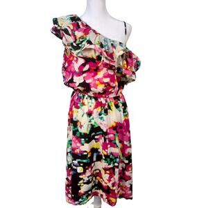 New H & M Pink Floral One Shoulder Midi High Low Dress Size 10